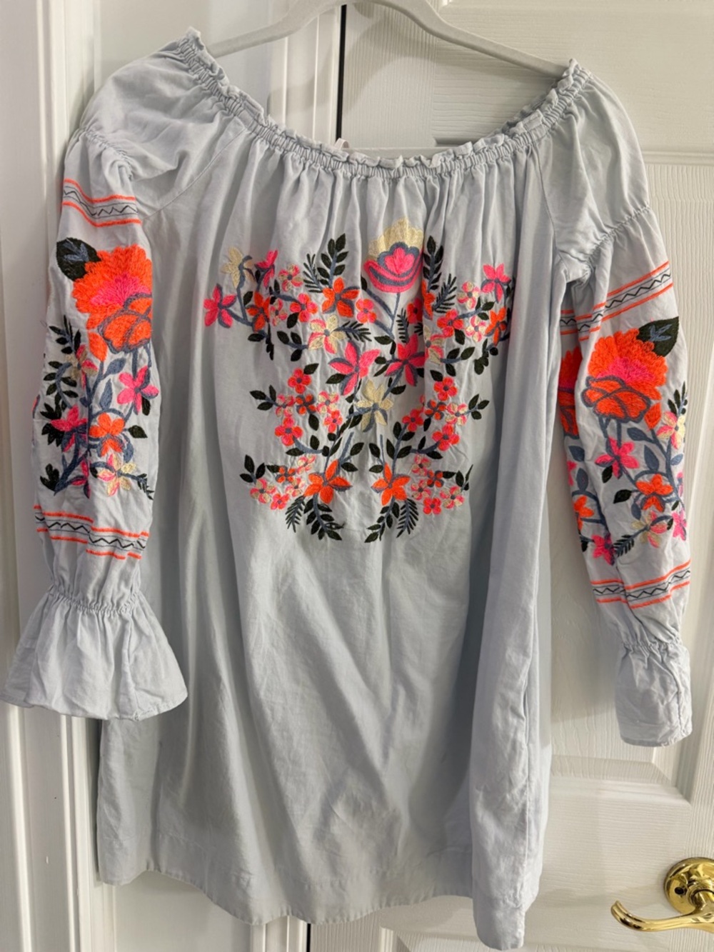 Free People Light Blue Embroidered Off-Shoulder Dress with Neon Floral Detail
